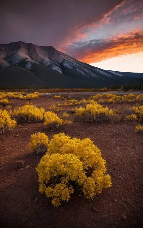 ground level photo within New Mexico Rocky Mountain Range, State Park, [perfect PM lighting conditions, with lots of reds orange yellow purples in the dusk sky] with a feeling of splendor and humility [after long hard rain with flowing water][spectacular large asteroid breaking into many pieces on reentry] [long exposure on wide format bellows camera] [rays of sunshine]  true film high dynamic range with infrared, award winning, legacy artwork, 8k [post-processing: adjust curves to "S", unsharp mask .25, dodge and burn, edge vignette]