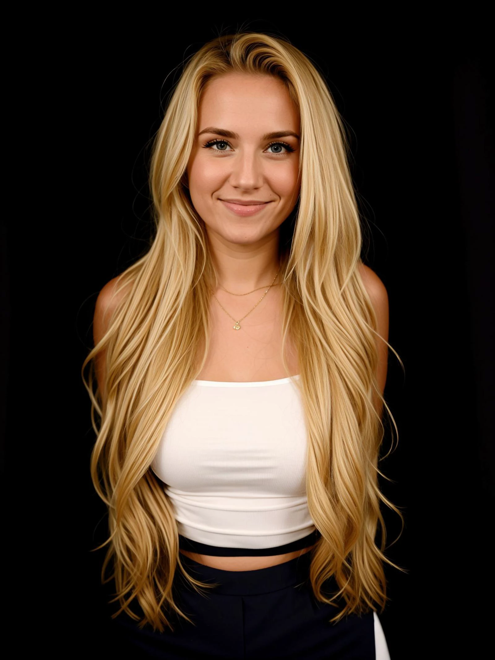 a cute woman 30 years old,with long blonde hair,smile,posing for a picture with a black background and a black background behind her,raw photo,