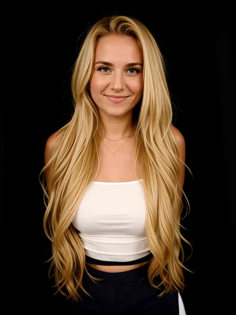 a cute woman  30 years old,with long blonde hair,smile,posing for a picture with a black background and a black background behind her,raw photo,