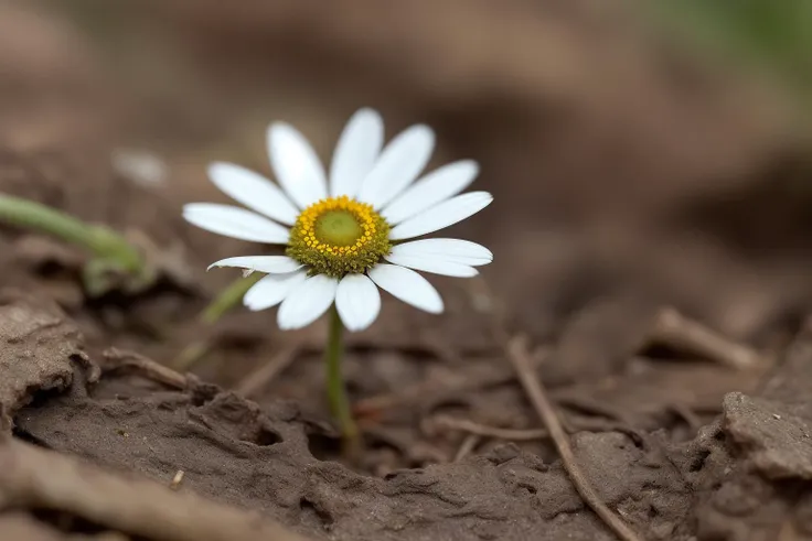 a perfect closeup photo of a tiny daisy flower on the overgrown forest floor