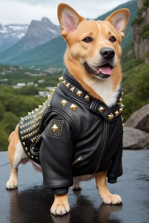a funny photo of a dog (Labrador:1.0) dressed with a (Black leather jacket studded:1.3), detailed jacket, masterpiece, best quality, high quality, extremely detailed cg unity 8k wallpaper, scenery, award winning photography, hdr, trending on artstation, trending on cgsociety, intricate, high detail, detailed Labrador, fantasy scene, surreal, cozy fur, realistic Labrador,