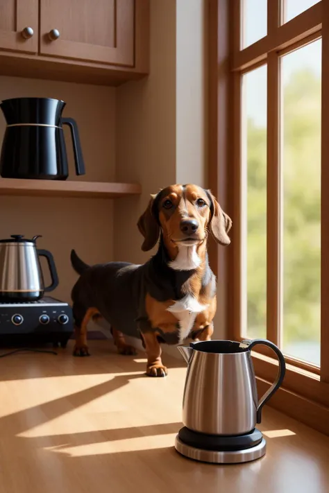 a dachshund working on the coffee maker in the morning in the kitchen, masterpiece, best quality, high quality, extremely detailed cg unity 8k wallpaper, scenery, award winning photography, hdr, trending on artstation, trending on cgsociety, intricate, high detail, art by midjourney