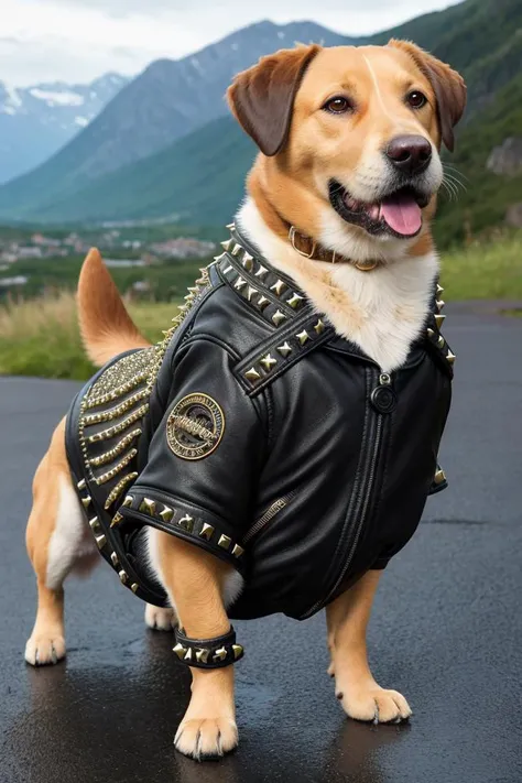 a funny photo of a dog (Labrador:1.0) dressed with a (Black leather jacket studded:1.3), detailed jacket, masterpiece, best quality, high quality, extremely detailed cg unity 8k wallpaper, scenery, award winning photography, hdr, trending on artstation, trending on cgsociety, intricate, high detail, detailed Labrador, fantasy scene, surreal, cozy fur, realistic Labrador,