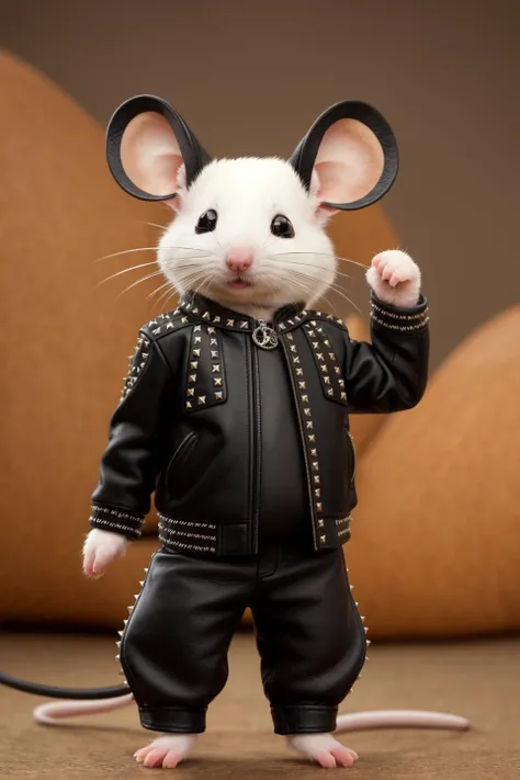 a funny photo of a mouse (cute mouse:1.0) dressed with a (Black leather jacket studded:1.3), detailed jacket, masterpiece, best quality, high quality, extremely detailed cg unity 8k wallpaper, scenery, award winning photography, hdr, trending on artstation, trending on cgsociety, intricate, high detail, detailed mouse, fantasy scene, surreal, cozy fur, realistic mouse