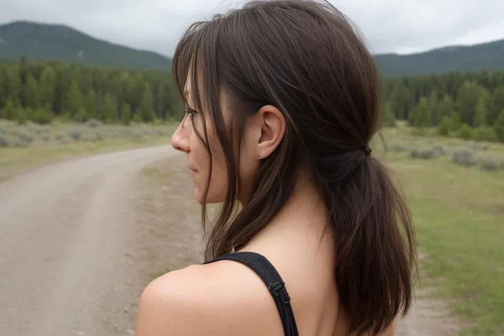 a perfect closeup photo of a kinda (stressed:0.4) normal woman looking back at me over her shoulder, (walking on the trail:0.6), overcast