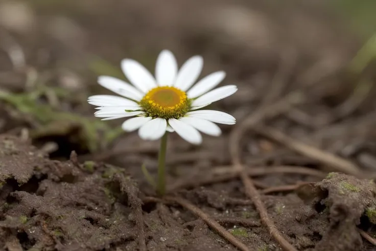a perfect closeup photo of a tiny daisy flower on the overgrown forest floor