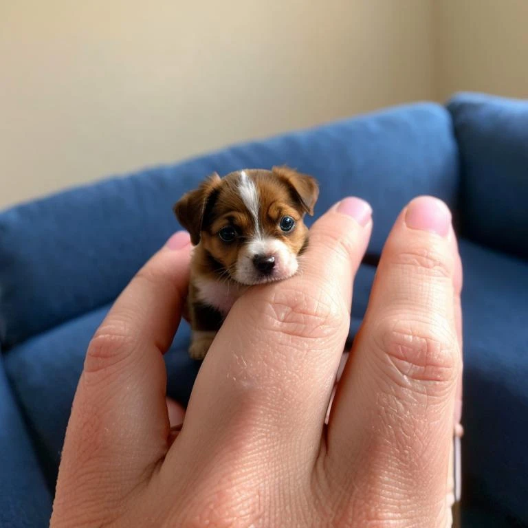 a tiny puppy sitting on top of a persons finger in a living room area of a house, with a blurry background, David Budd, tiny, a microscopic photo, magical realism, accurate hand, correct anatomy