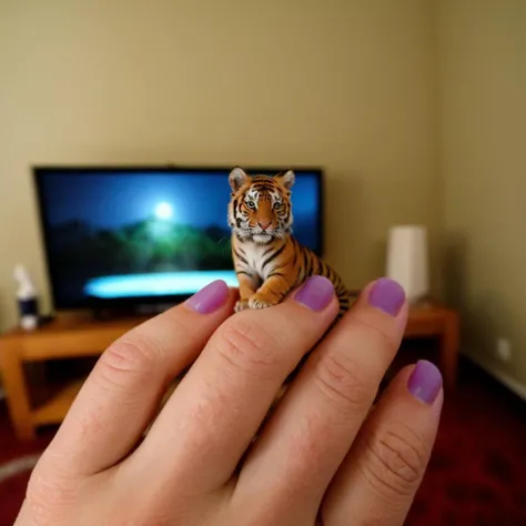 a tiny tiger sitting on top of a persons finger in a living room area of a house, with a blurry background, David Budd, tiny, a microscopic photo, magical realism, accurate hand, correct anatomy