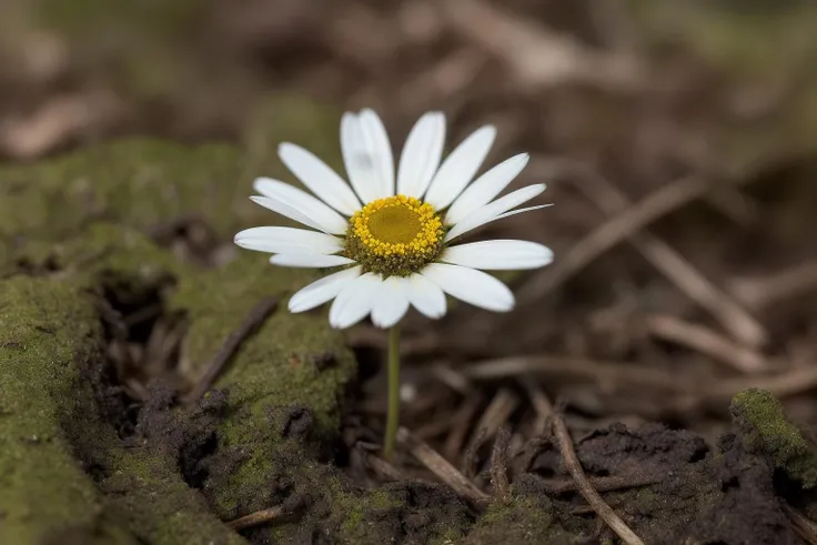 a perfect closeup photo of a tiny daisy flower on the overgrown forest floor
