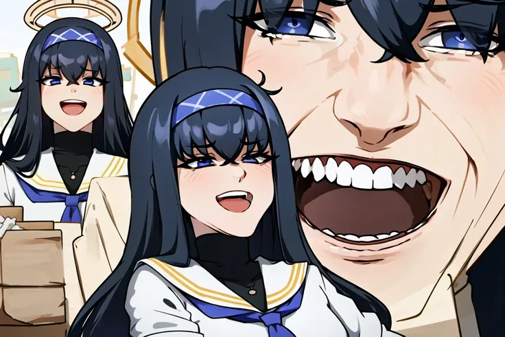 laughing tom cruise, smile, open mouth, blue eyes, closed eyes, multiple views, meme, <lora:Laughing Tom Cruise:1>, multiple girls, 3girls, bags under eyes, bangs, black hair, blue eyes, halo, blue hairband, brown cardigan, long hair, white serafuku, white skirt, <lora:KozekiUiBlueArchive_10:0.7>