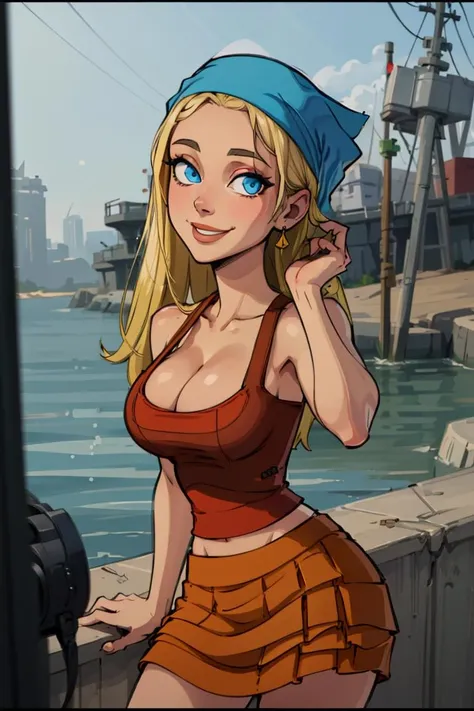 centered, professional photo, (looking at viewer:1.2), smiling, | Lindsay_Total_Drama, 1girl, solo, blue eyes, long hair, blonde hair, cleavage, bandana, skirt, | | bokeh, depth of field, cinematic composition, | <lora:Lindsay_Total_Drama:0.8>