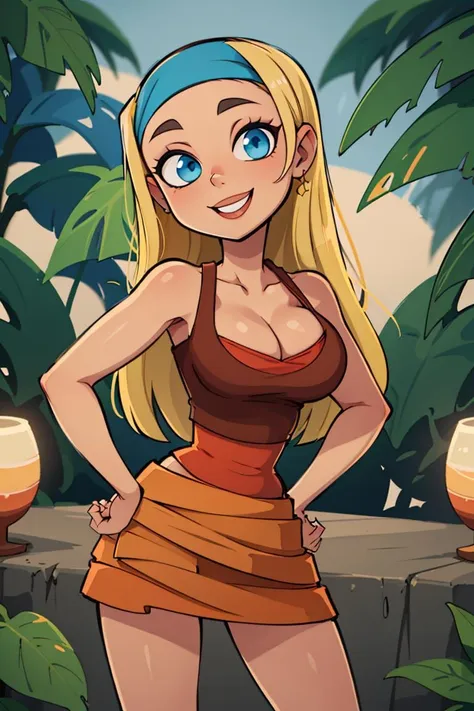 centered, professional photo, (looking at viewer:1.2), smiling, |  Lindsay_Total_Drama, 1girl, solo, blue eyes, long hair, blonde hair, cleavage, bandana, skirt, | jungle,| bokeh, depth of field, hand on hip, contrapposto, cinematic composition, | <lora:Lindsay_Total_Drama:0.8>