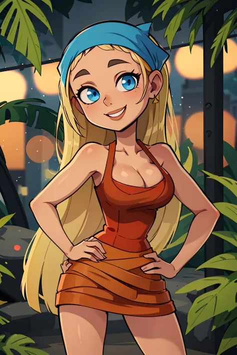centered, professional photo, (looking at viewer:1.2), smiling, | Lindsay_Total_Drama, 1girl, solo, blue eyes, long hair, blonde hair, cleavage, bandana, skirt, | jungle,| bokeh, depth of field, hand on hip, contrapposto, cinematic composition, | <lora:Lindsay_Total_Drama:0.8>