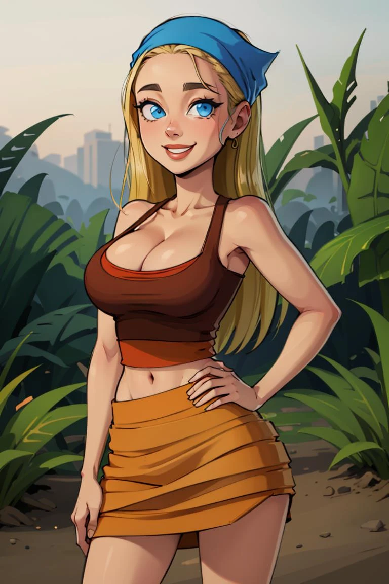 centered, professional photo, (looking at viewer:1.2), smiling, | Lindsay_Total_Drama, 1girl, solo, blue eyes, long hair, blonde hair, cleavage, bandana, skirt, | jungle,| bokeh, depth of field, hand on hip, contrapposto, cinematic composition, | <lora:Lindsay_Total_Drama:0.8>