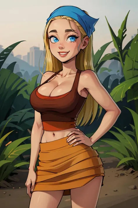 centered, professional photo, (looking at viewer:1.2), smiling, |  Lindsay_Total_Drama, 1girl, solo, blue eyes, long hair, blonde hair, cleavage, bandana, skirt, | jungle,| bokeh, depth of field, hand on hip, contrapposto, cinematic composition, | <lora:Lindsay_Total_Drama:0.8>