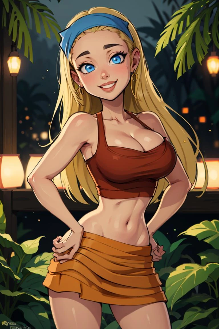 centered, professional photo, (looking at viewer:1.2), smiling, | Lindsay_Total_Drama, 1girl, solo, blue eyes, long hair, blonde hair, cleavage, bandana, skirt, | jungle,| bokeh, depth of field, hand on hip, contrapposto, cinematic composition, | <lora:Lindsay_Total_Drama:0.8>