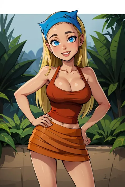 centered, professional photo, (looking at viewer:1.2), smiling, |  Lindsay_Total_Drama, 1girl, solo, blue eyes, long hair, blonde hair, cleavage, bandana, skirt, | jungle,| bokeh, depth of field, hand on hip, contrapposto, cinematic composition, | <lora:Lindsay_Total_Drama:0.8>