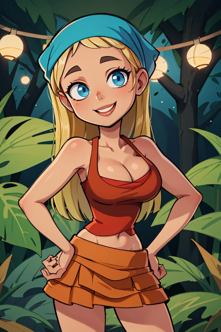 centered, professional photo, (looking at viewer:1.2), smiling, | Lindsay_Total_Drama, 1girl, solo, blue eyes, long hair, blonde hair, cleavage, bandana, skirt, | jungle,| bokeh, depth of field, hand on hip, contrapposto, cinematic composition, | <lora:Lindsay_Total_Drama:0.8>