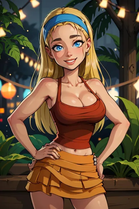centered, professional photo, (looking at viewer:1.2), smiling, | Lindsay_Total_Drama, 1girl, solo, blue eyes, long hair, blonde hair, cleavage, bandana, skirt, | jungle,| bokeh, depth of field, hand on hip, contrapposto, cinematic composition, | <lora:Lindsay_Total_Drama:0.8>