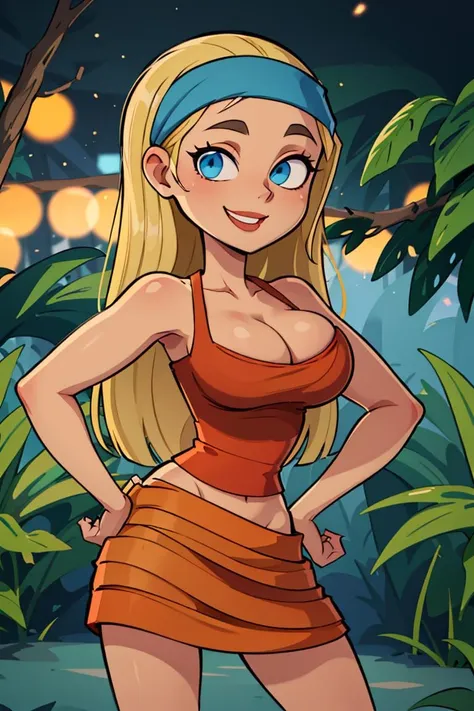 centered, professional photo, (looking at viewer:1.2), smiling, |  Lindsay_Total_Drama, 1girl, solo, blue eyes, long hair, blonde hair, cleavage, bandana, skirt, | jungle,| bokeh, depth of field, hand on hip, contrapposto, cinematic composition, | <lora:Lindsay_Total_Drama:0.8>