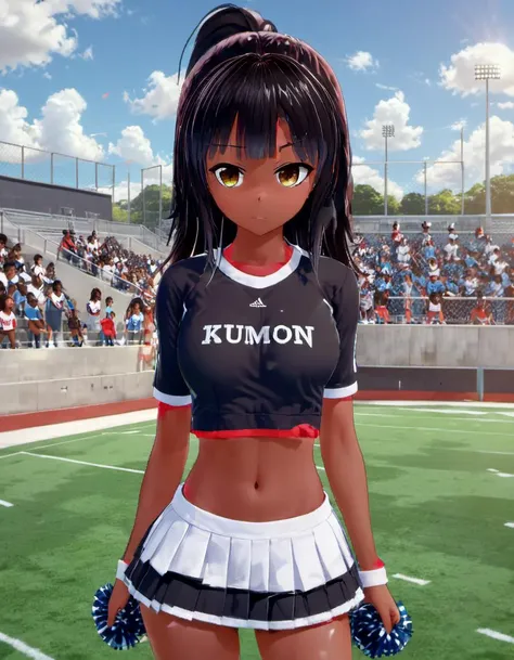 <lora:Tsuneyo_Tojo:.8>,ral-exposure, full body, 1girl, solo, dark skin, blunt bangs, ponytail, breasts, emotionless, cheerleader outfit, text "Kumon-mi" on shirt, eyebrows over hair, pom-poms, looking at viewer, riding crop, day, football field, breathtaking, masterpiece, intricate detail, detailed eyes, beautiful, sexy, <lora:xl_more_art-full_v1:1>, <lora:DetailedEyes_V3:1>, <lora:more_details:1>, <lora:ral-exposure-sdxl:.6>