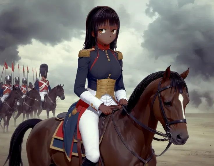<lora:PaintSTYLE_XL-v1:1>, <lora:Tsuneyo_Tojo:.9>, portrait, 1girl, dark skin, breasts, proud, fierce, wearing Napoleon's outfit, sitting astride a horse on a battlefield