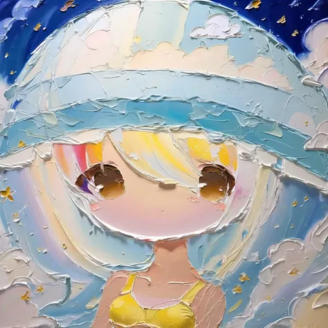 <lora:cute_oil:1> chibi, cute oil , oil painting \(medium\), brush stroke, 1girl, breasts, brown eyes, closed mouth, clouds, cloudy sky, kanata no astra, large breasts, mole, ocean, school swimsuit, sky, smile, swimsuit, water, watermark, yunhua lu