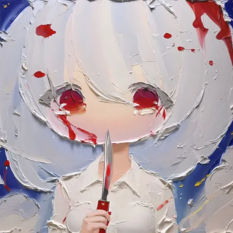 <lora:cute_oil:1> chibi, cute oil , oil painting \(medium\), brush stroke, 1girl, bangs, blood, blood from mouth, blood on face, breasts, collared shirt, eyebrows visible through hair, finger to mouth, glasses, glint, grey hair, hair between eyes, hairband, hand up, head tilt, holding, holding knife, knife, large breasts, letterboxed, long sleeves, parted lips, red eyes, round eyewear, shirt, short hair, shushing, solo, upper body, white hairband, white shirt