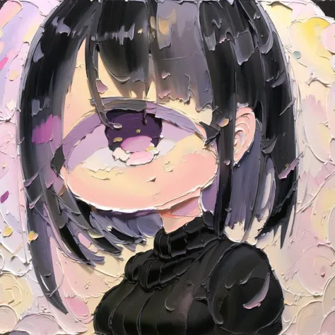 <lora:cute_oil:1>  chibi, cute oil , oil painting \(medium\), brush stroke, muted pastel colors,
<lora:cyclops_retro_ham_avas_jun_rifl-08-02--rifl-09-01:1.2>, (cyclop:1.3), masterpiece, best quality, 1girl, solo, black eyes, black hair, black sweater, bob cut, closed mouth, medium hair, simple background