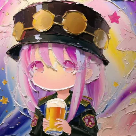 <lora:cute_oil:1>  chibi, cute oil , oil painting \(medium\), brush stroke, 2girls, alcohol, animal ears, beer, beer mug, blush, boots, bottle, drunk, goggles, goggles on head, hat, head wings, leather jacket, long hair, looking at viewer, looking back, military, military uniform, multiple girls, open mouth, pink hair, short hair, tail, uniform