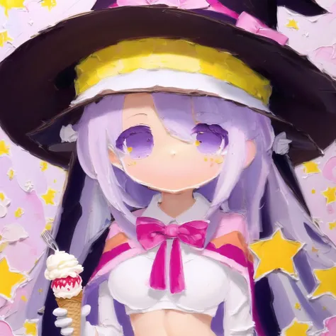 <lora:cute_oil:1>  chibi, cute oil , oil painting \(medium\), brush stroke, 1girl, :d, black capelet, black headwear, blush, bow, breasts, brown eyes, brown gloves, cake, candle, capelet, crop top, dated, dutch angle, food, food on face, fork, fruit, gloves, hair bun, hair ornament, hair ribbon, happy birthday, hat, highres, holding, holding fork, ice cream, ice cream cone, long hair, long sleeves, looking at viewer, meat, midriff, multicolored capelet, navel, open mouth, pink bow, purple capelet, ribbon, round teeth, shirt, silver hair, small breasts, smile, solo, star, strawberry, striped, striped shirt, teeth, tilted headwear, triple scoop, upper teeth, vertical-striped shirt, vertical stripes, virtual youtuber, witch hat, yellow eyes