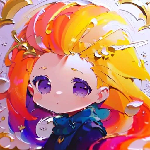 monochrome,masterpiece, best quality, illustration,
chibi, cute oil , oil painting \(medium\), brush stroke,
 (disheveled hair),[orange hair:purple buttom hair:0.8],forehead,zoe,long hair,multicolored hair,blue and purple  eyes,simple background,