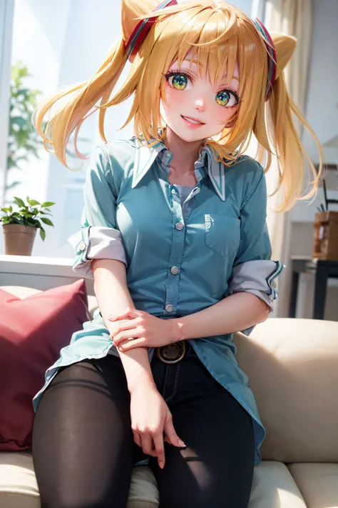 (masterpiece, best quality:1.2), <lyco:hackadoll_1-10:1.0>, cowboy shot, solo, 1girl, hacka doll 1, smile, looking at viewer, sitting, sofa, twintails, collared shirt, shirt tucked in, black pants, living room