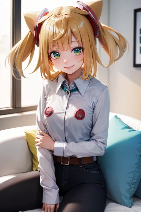 (masterpiece, best quality:1.2), <lyco:hackadoll_1-10:1.0>, cowboy shot, solo, 1girl, hacka doll 1, smile, looking at viewer, sitting, sofa, twintails, collared shirt, shirt tucked in, black pants, living room