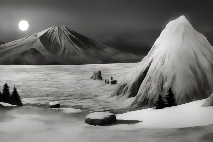 teruokakuta, monochrome, no_human, mountain, snow, night, moon, star