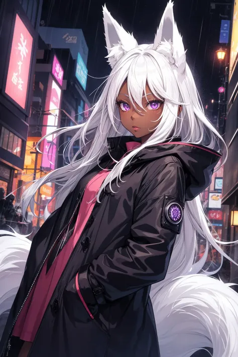 1girl, night city, rain, coat, hands in pockets, white hair, long hair, (fox ears), fluff, (dark skin:1.2), full lips, pretty face, anime illustration, purple eyes