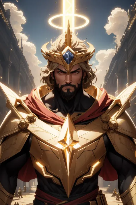 extreme quality, cg, detailed face+eyes, (bright colors), anime (man), barbarian, fit, short beard, glowing eyes, perpetual, impact, gladiator glory, throne, time stop, space age, (powerful), (holy halo), joyful, shape background, warrior, clouds, (fantasy:0.8), tan skin, helm, cape, aura, glass walkway, upper body, metal, masterpiece, top tier, extravagant, 8k, unity wallpaper, unreal engine 5, ray tracing, 8k, cinematic, depth of field, octane render, intricate details, elegant, tone mapping, hyper focus, close up, upper body, (yellow), dappled sunlight, small gold particles, short hair