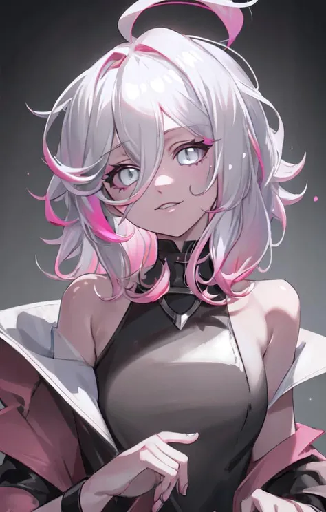 masterpiece, high detail, high resolution, RTX, 8K, high quality,
1girl, multicolored hair, white hair, pink hair, gray eyes, gray skin, short hair, messy hair,
<lora:Briar-07:0.7>