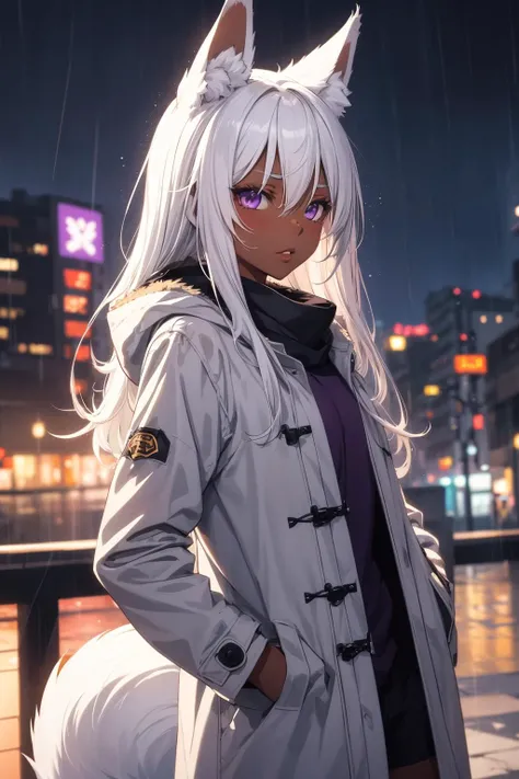 1girl, night city, rain, coat, hands in pockets, white hair, long hair, (fox ears), fluff, (dark skin:1.2), full lips, pretty face, anime illustration, purple eyes