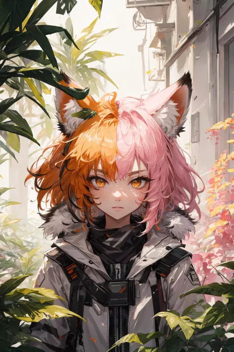 (masterpiece:1.1), (highest quality:1.1), (HDR:1.0), extreme quality, cg, (negative space), detailed face+eyes, 1girl, fox ears, animal ear fluff, (plants:1.18), (fractal art), (bright colors), splashes of color background, colors mashing, paint splatter, complimentary colors, neon, (thunder tiger), compassionate, electric, limited palette, synthwave, fine art, tan skin, upper body, (yellow and pink:1.2), time stop, smokestyle, SMM