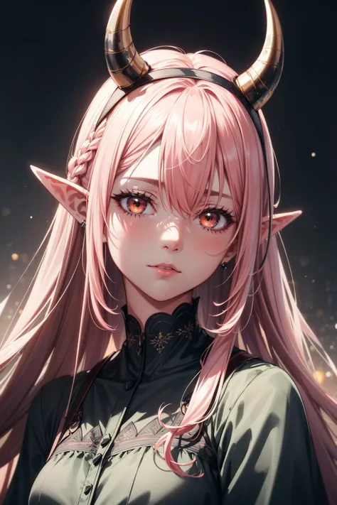 extreme quality, cg, detailed face+eyes, (bright colors:0.8), (anime girl), 1girl, pink hair, hair bobbles, dark theme, soothing tones, muted colors, elf ears, high contrast, (natural skin texture, hyperrealism, soft light, sharp), exposure blend, medium shot, bokeh, (hdr:1.3), high contrast, (cinematic,teal and red:0.85), (muted colors, dim colors, soothing tones:1.3), low saturation, (hyperdetailed:1.2), (noir:0.4), two horns, dress, all white eyes, masterpiece, top tier, extravagant, 8k