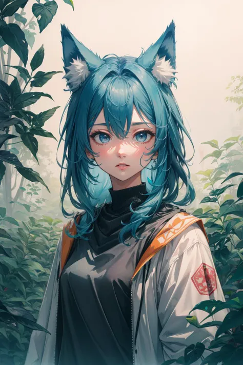 (masterpiece:1.1), (highest quality:1.1), (HDR:1.0), extreme quality, cg, (negative space), detailed face+eyes, 1girl, fox ears, animal ear fluff, (plants:1.18), (fractal art), (bright colors), splashes of color background, colors mashing, paint splatter, complimentary colors, neon, (thunder tiger), compassionate, electric, limited palette, synthwave, fine art, tan skin, upper body, (teal and orange:1.2), time stop, smokestyle, SMM