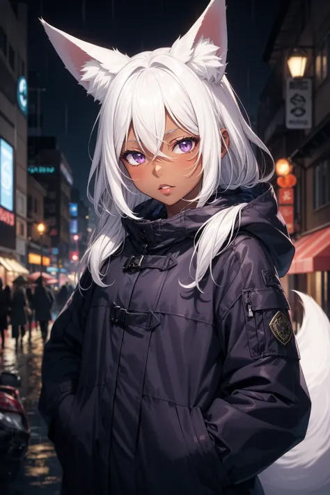 1girl, night city, rain, coat, hands in pockets, white hair, long hair, (fox ears), fluff, (dark skin:1.2), full lips, pretty face, anime illustration, purple eyes