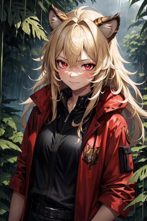 girl in jungle, epic, intricate, smirk, from above, muscular, standing, (thunder rain storm, aura:1.1), blonde hair, tiger ears, messy hair, slit pupils, red eyes, black jacket, high collar