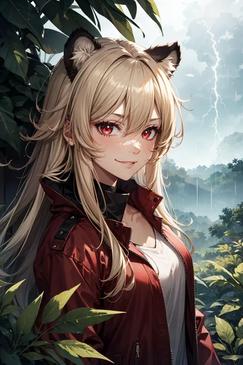 girl in jungle, epic, intricate, smirk, from above, muscular, standing, (thunder rain storm, aura:1.1), blonde hair, tiger ears, messy hair, slit pupils, red eyes, black jacket, high collar