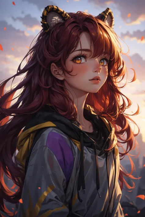 extreme quality, cg, (bright colors:0.8), high quality, a beautiful girl with tiger ears, flat color, (limited palette), high contrast, golden eyes, looking up at viewer, upper body, portrait, ethereal, (purple skin:1.5), brown hair, hoodie, floating hair, pretty face, natural sunlight, masterpiece, best quality, 8k, 111cine8matic55