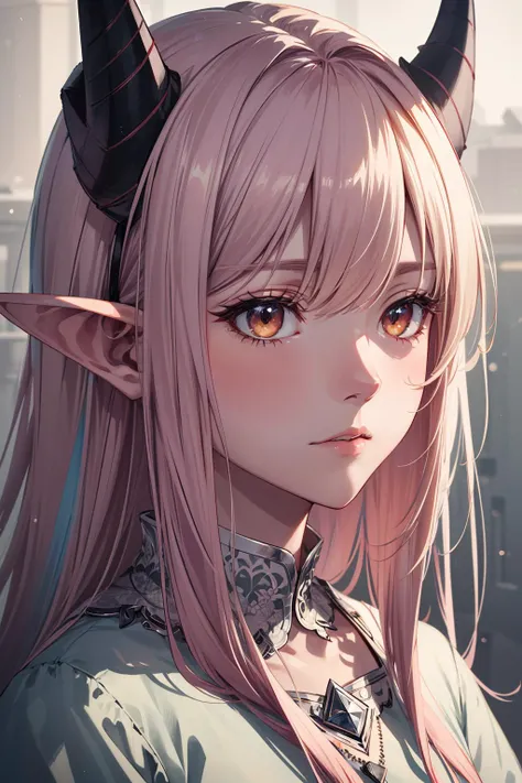 extreme quality, cg, detailed face+eyes, (bright colors:0.8), (anime girl), 1girl, pink hair, hair bobbles, dark theme, soothing tones, muted colors, elf ears, high contrast, (natural skin texture, hyperrealism, soft light, sharp), exposure blend, medium shot, bokeh, (hdr:1.3), high contrast, (cinematic,teal and red:0.85), (muted colors, dim colors, soothing tones:1.3), low saturation, (hyperdetailed:1.2), (noir:0.4), two horns, dress, all white eyes, masterpiece, top tier, extravagant, 8k