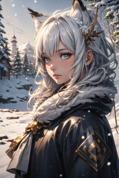 extreme quality, cg, detailed face+eyes, (bright colors), (anime), 1girl, impact, (winter), blizzard, time stop, sci fi, (tribal cat), (eskimo), animal ear fluff, fur trim, clouds, tan skin, (feather headdress), masterpiece, top tier, extravagant, 8k, unity wallpaper, unreal engine 5, ray tracing, 8k, cinematic, varied depth of field, octane render, elegant, tone mapping, hyper focus, parted lips, (indigo), dappled sunlight, (snowing), nature, winter coat, upper body, (morning glow), lighthouse, gold eyes, horizon, picturesque scenery, mountain, forest, looking at viewer, (tundra), SMM, bj_fault art