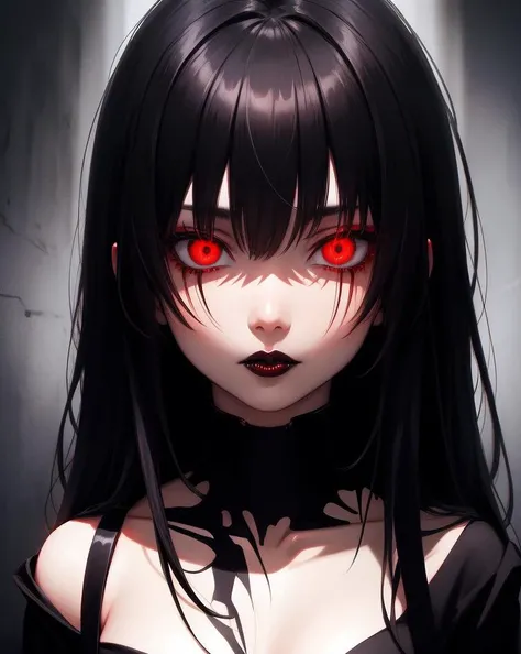 masterpiece, best quality, ultra high res, (dark art:1.3), deep shadow, dark theme, red eyes, glowing eyes, dark lips, slit pupils,