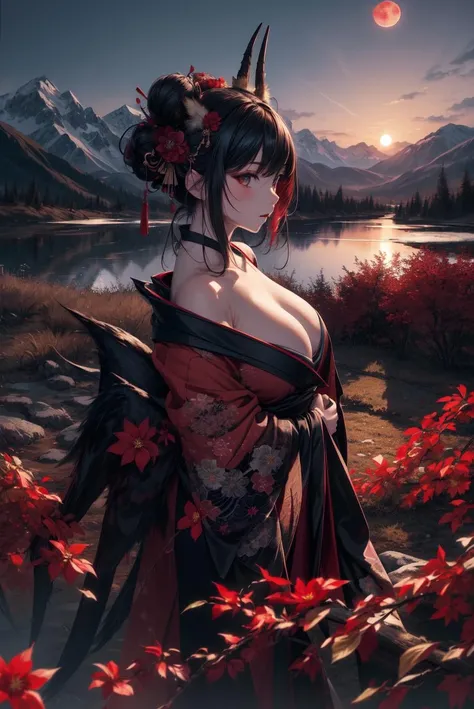 masterpiece, high detail, high resolution, RTX, 8K, high quality,
Highly detailed, High Quality, Masterpiece, beautiful, night, (dark environment), mountains, water, trees, red moon, Kimono, hair ornament, hair flower, double bun, dark wings,  demon horns,  fox tail, smoking,  sky red, horror \(theme\),  underboob,